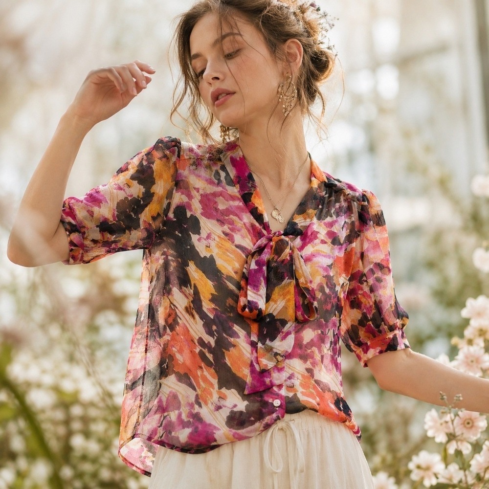 GUESS by Marciano 100% Silk Floral Bow Neck Blouse XS Sheer Boho Fairycore EUC